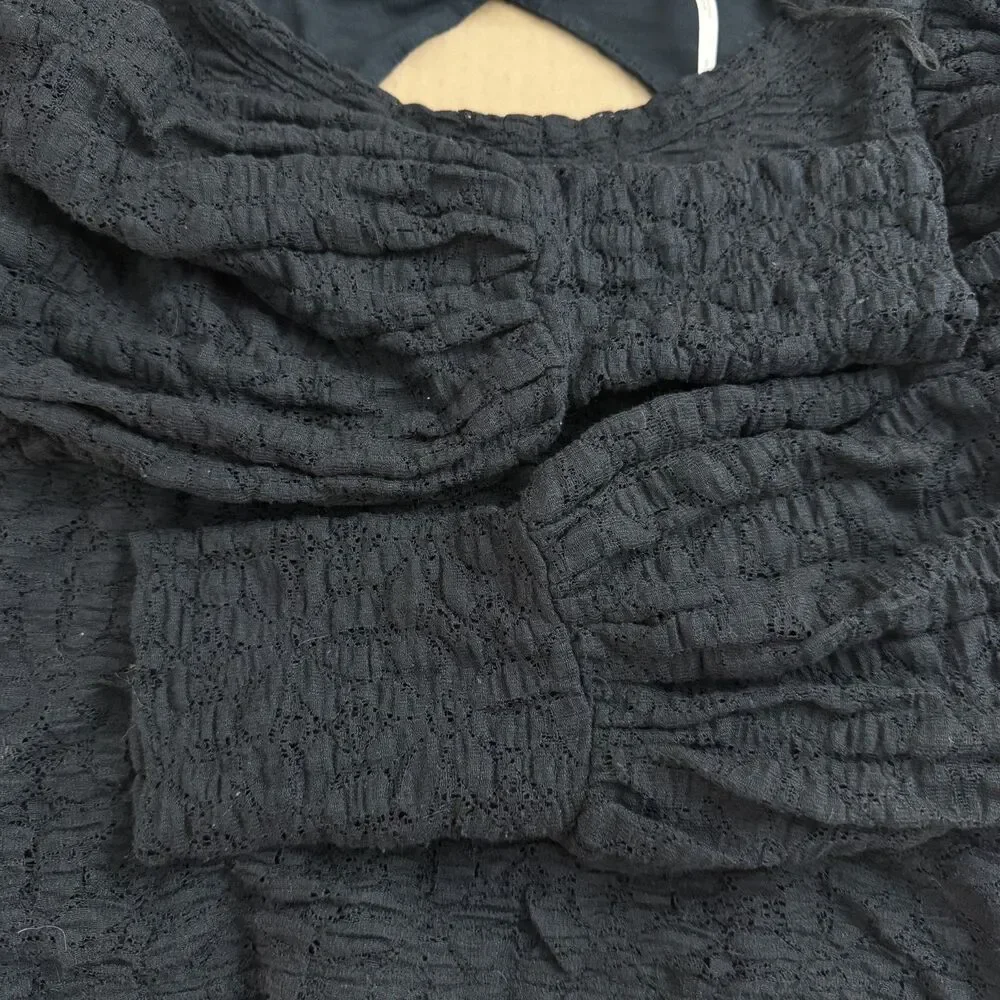 FREE PEOPLE Tea Time Top S Black Crop Puff Sleeve Open Back Lace EUC B83